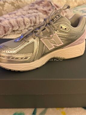 New Balance kids Silver with Light Pink Accent Walking Shoes